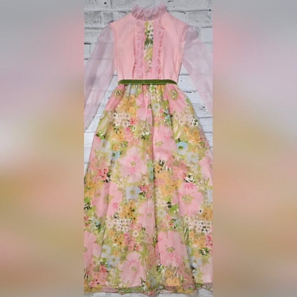 Vintage 60s Sylvia Ann Floral Maxi Dress – Sheer Sleeves & Velvet Trim XS - Picture 4 of 13